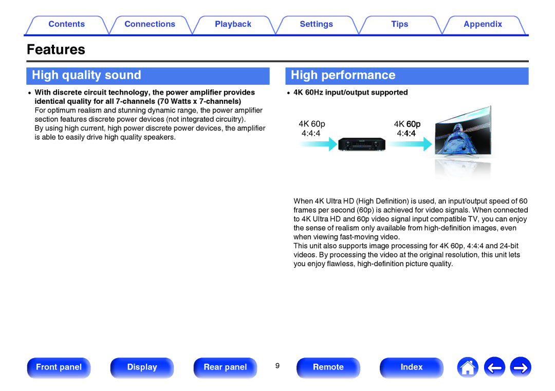 Marantz NR1605 owner manual Features, High quality sound, High performance, 4K 60Hz input/output supported, 4K 60p 