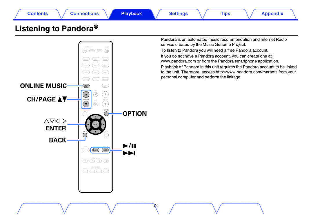 Marantz NR1605 owner manual Listening to Pandora 