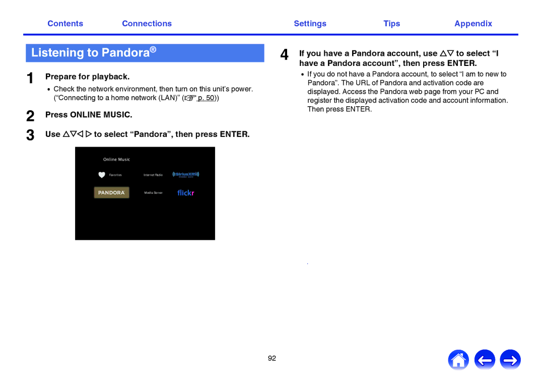 Marantz NR1605 owner manual Listening to Pandora 