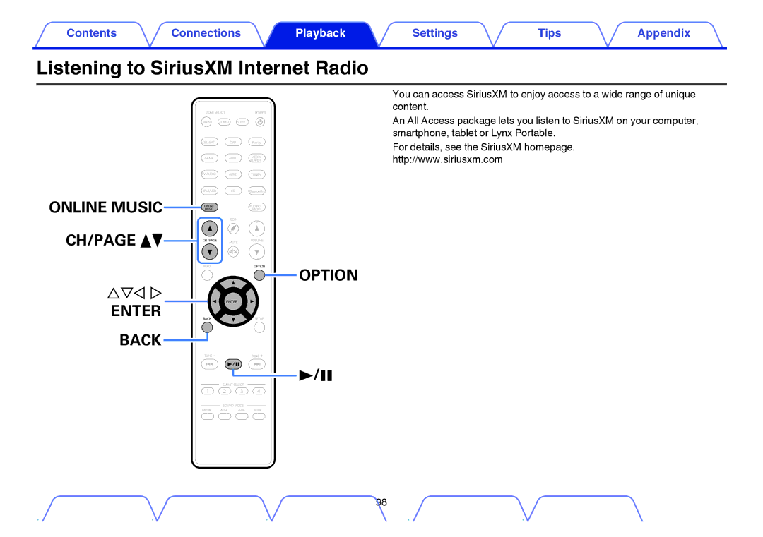 Marantz NR1605 owner manual Listening to SiriusXM Internet Radio 