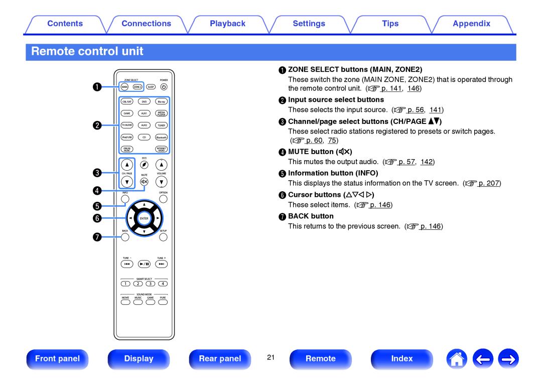 Marantz NR1605 Remote control unit, q w e r ty u, Contents, Connections, Playback, Settings, Tips, Appendix, Front panel 