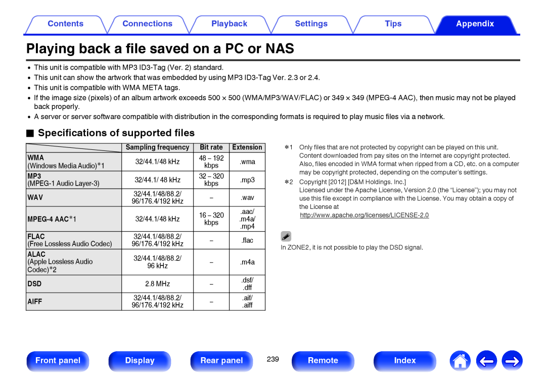 Marantz NR1605 Playing back a file saved on a PC or NAS, oSpecifications of supported files, Contents, Connections, Tips 