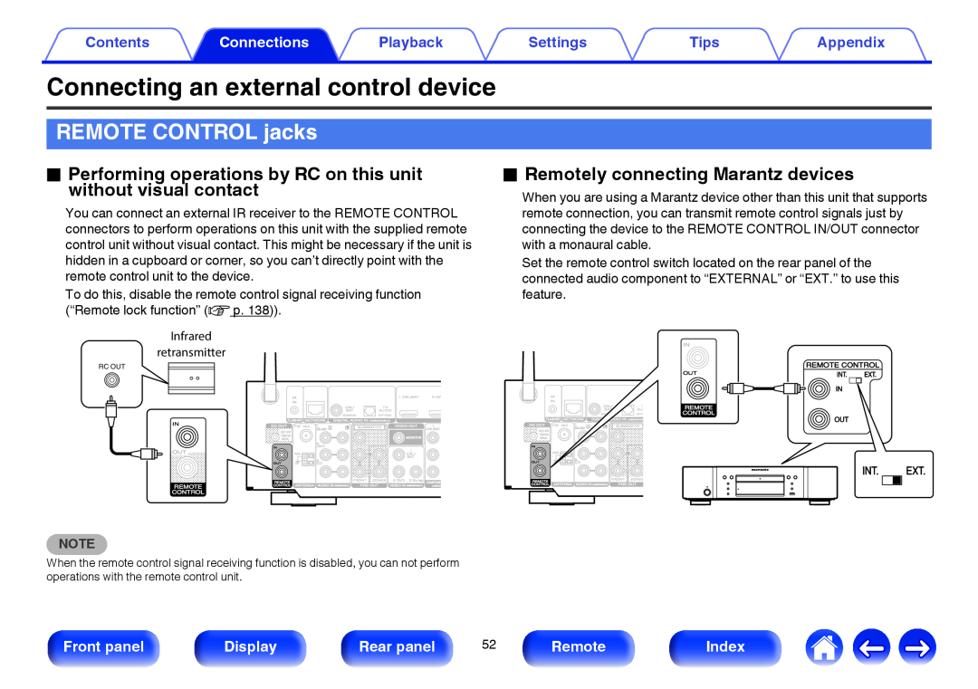 Marantz NR1605 Connecting an external control device, REMOTE CONTROL jacks, oRemotely connecting Marantz devices, Contents 