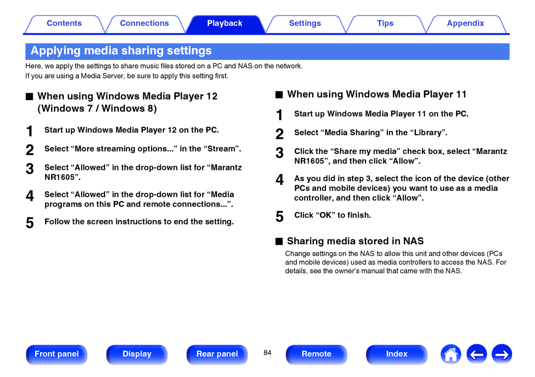 Marantz NR1605 Applying media sharing settings, oWhen using Windows Media Player, oSharing media stored in NAS, Contents 