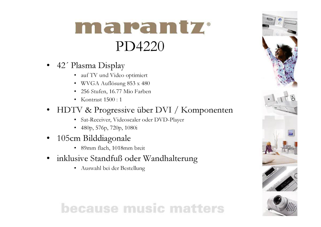 Marantz PD4220 manual 42´ Plasma Display, Hdtv & Progressive über DVI / Komponenten, 105cm Bilddiagonale 