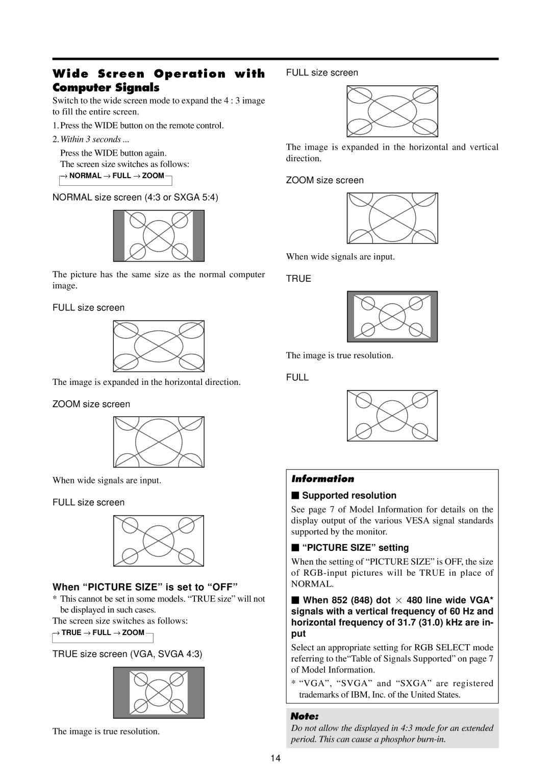 Marantz PD4220V manual Wide Screen Operation with Computer Signals, When Picture Size is set to OFF,  Supported resolution 