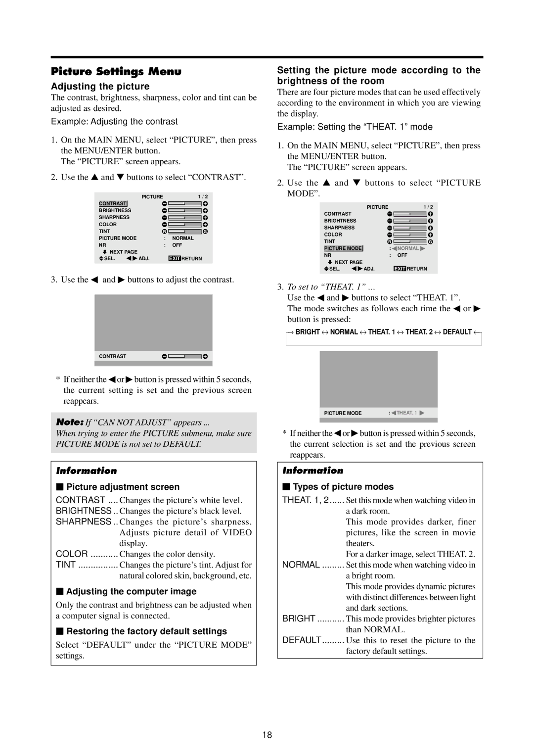 Marantz PD4220V manual Picture Settings Menu, Adjusting the picture 