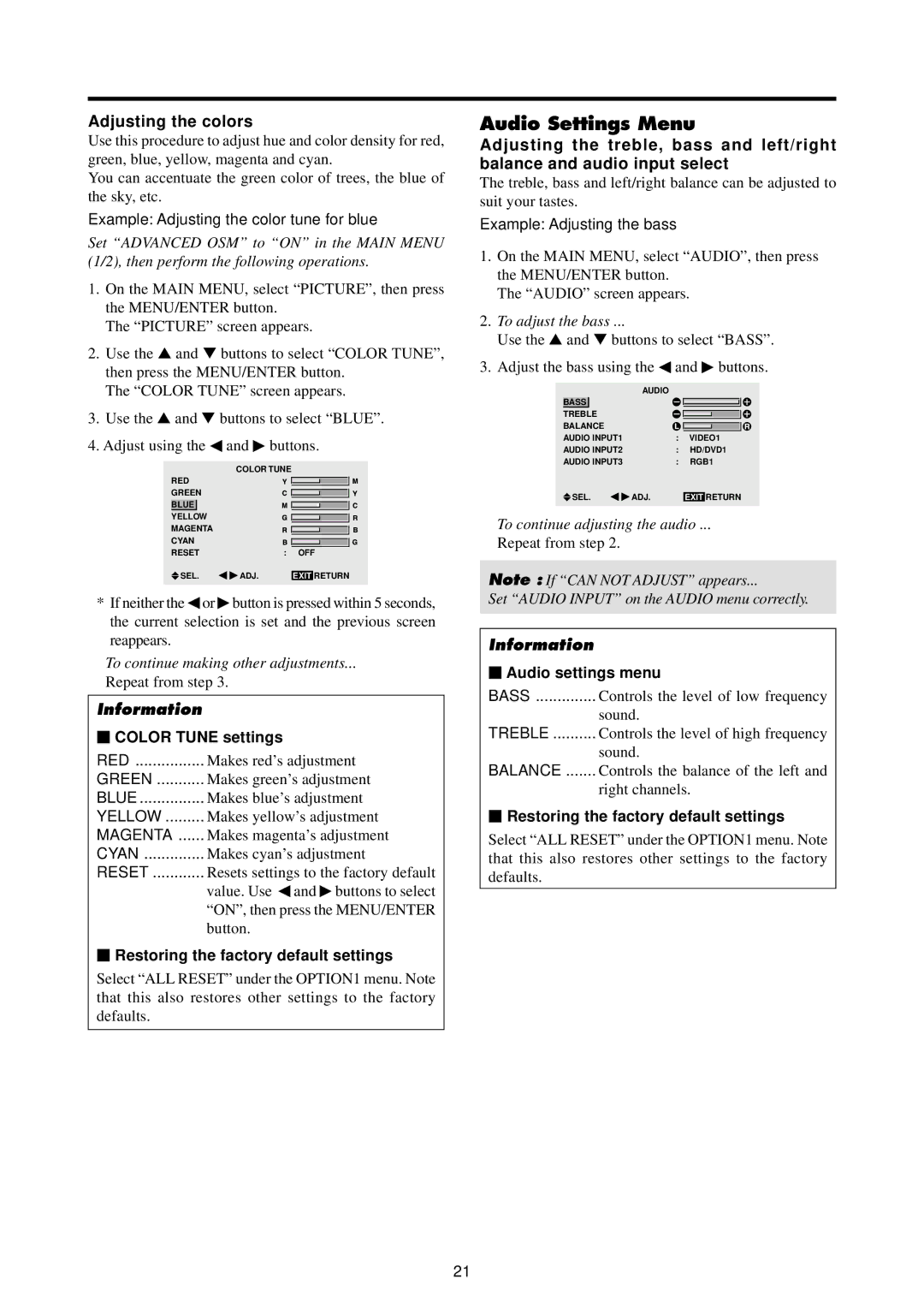 Marantz PD4220V manual Audio Settings Menu, Adjusting the colors,  Color Tune settings,  Audio settings menu 