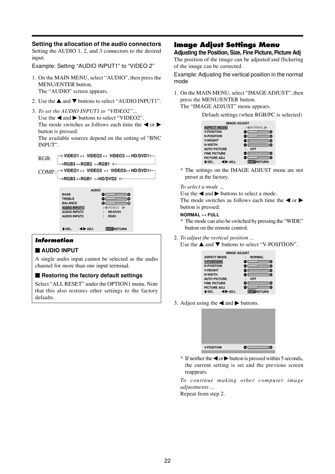 Marantz PD4220V manual Image Adjust Settings Menu, Setting the allocation of the audio connectors 