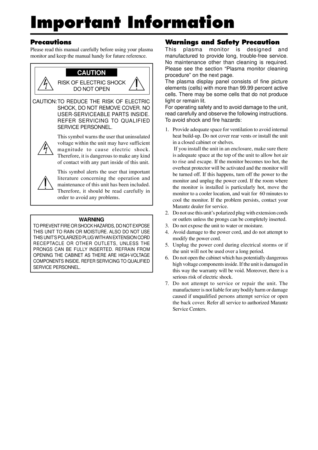 Marantz PD4220V manual Important Information, Precautions, Risk of Electric Shock Do not Open 