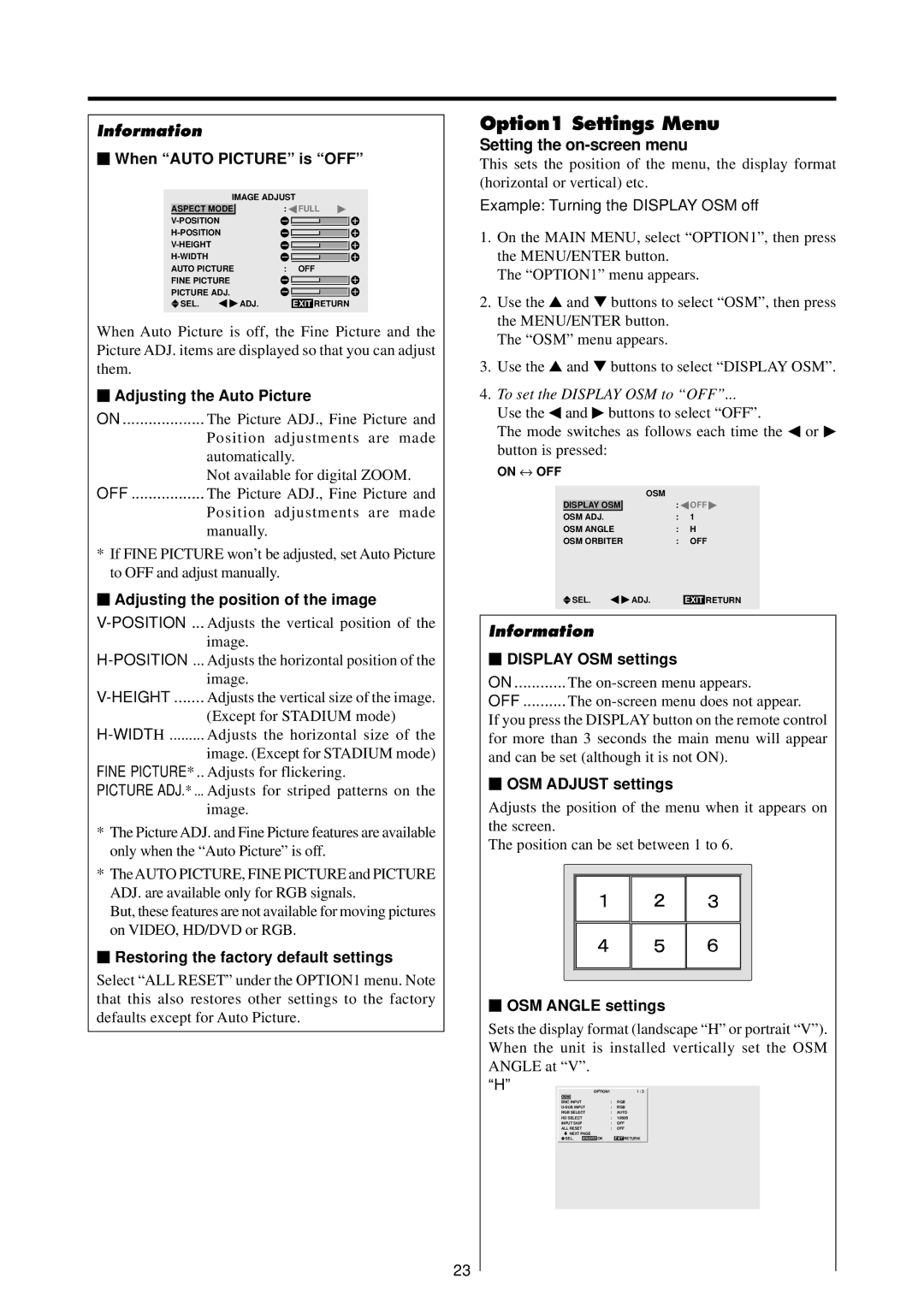 Marantz PD4220V manual Option1 Settings Menu, Setting the on-screen menu 