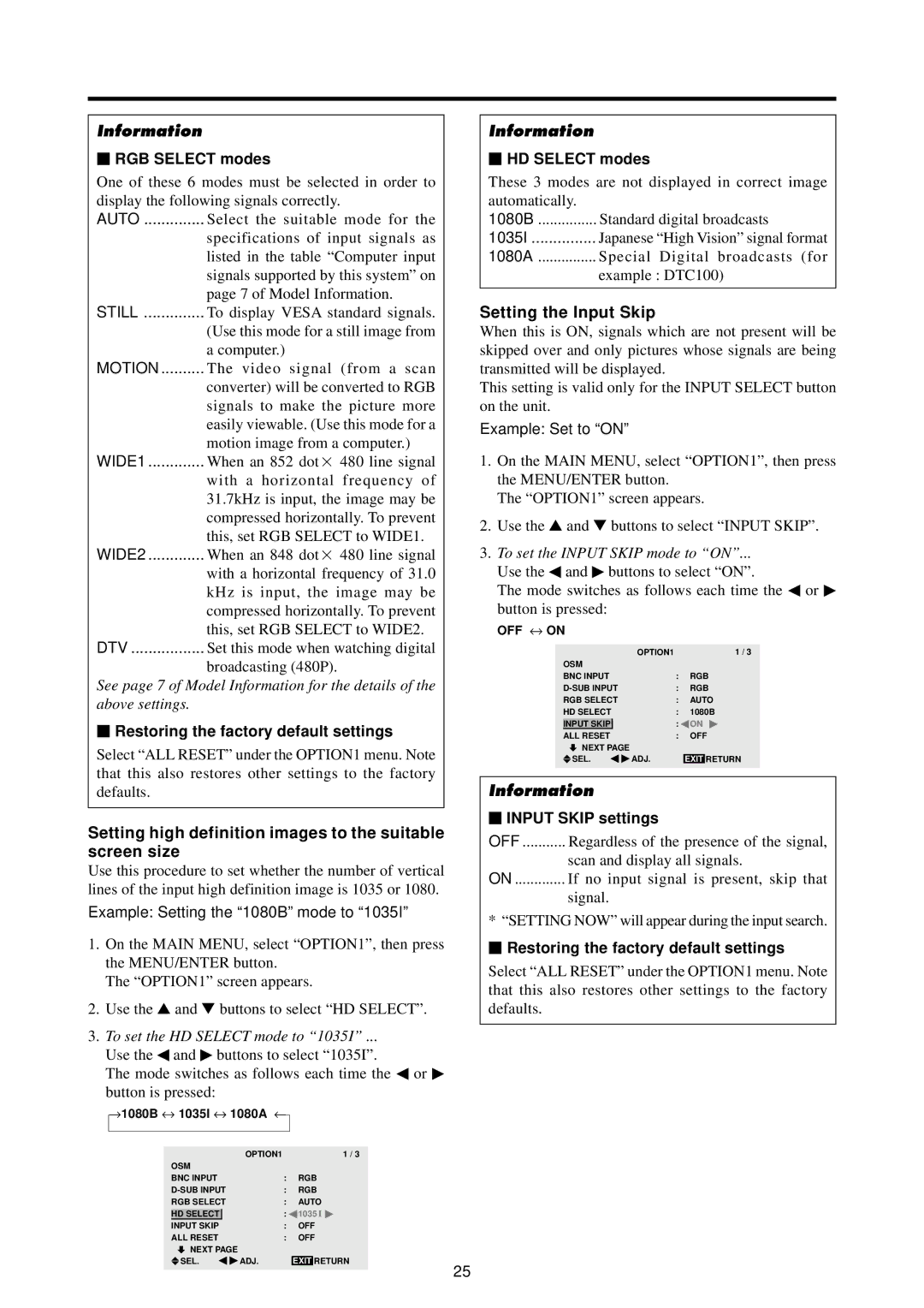 Marantz PD4220V Setting high definition images to the suitable screen size, Setting the Input Skip,  RGB Select modes 