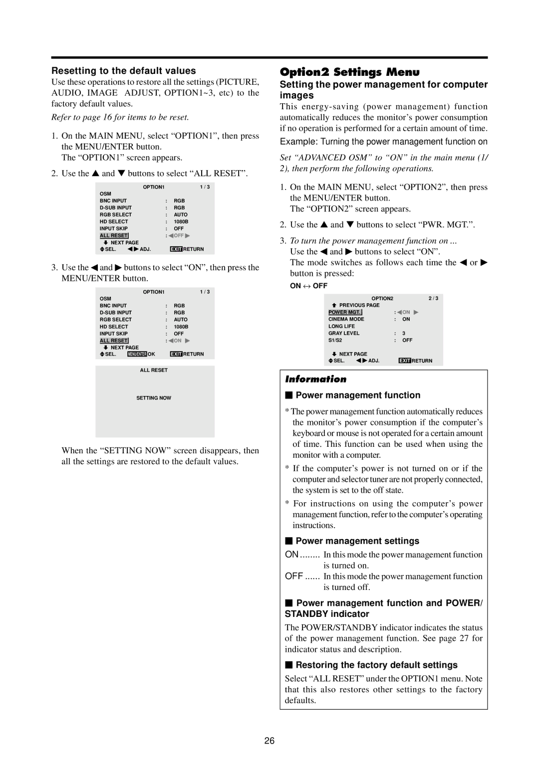 Marantz PD4220V Option2 Settings Menu, Resetting to the default values, Setting the power management for computer images 