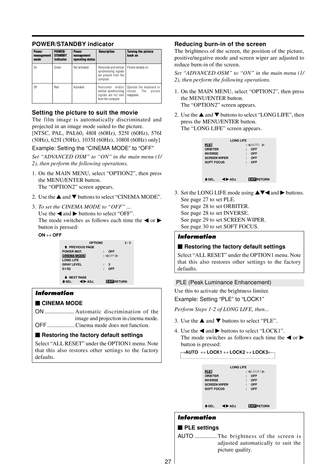 Marantz PD4220V manual POWER/STANDBY indicator, Setting the picture to suit the movie, Reducing burn-in of the screen 