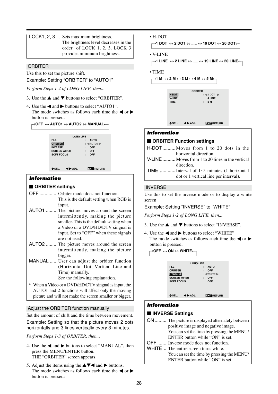 Marantz PD4220V manual Orbiter settings, Orbiter Function settings, Inverse Settings 