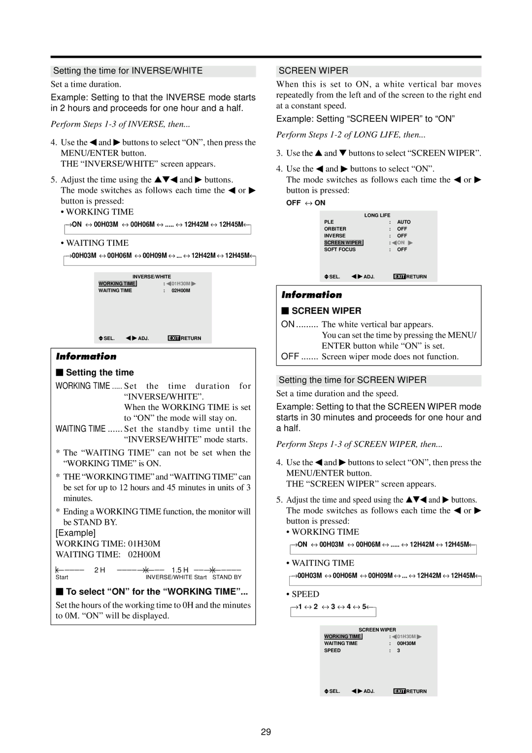 Marantz PD4220V manual Setting the time, To select on for the Working Time, Screen Wiper 