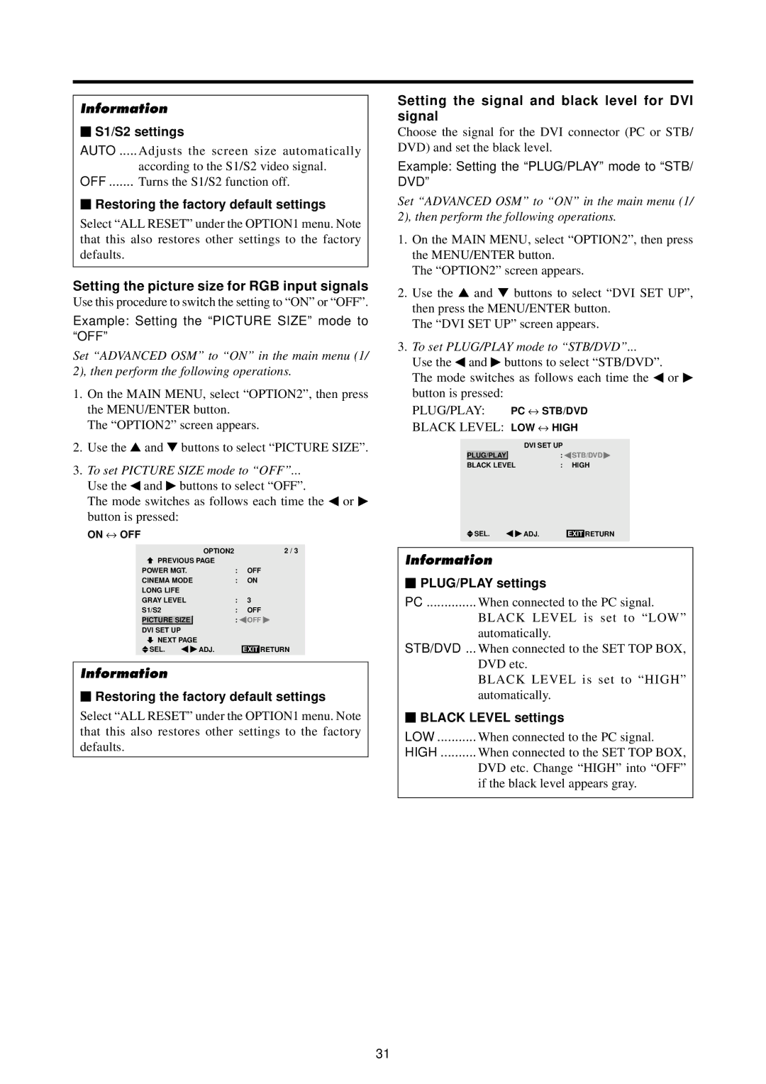 Marantz PD4220V manual Setting the picture size for RGB input signals, Setting the signal and black level for DVI signal 