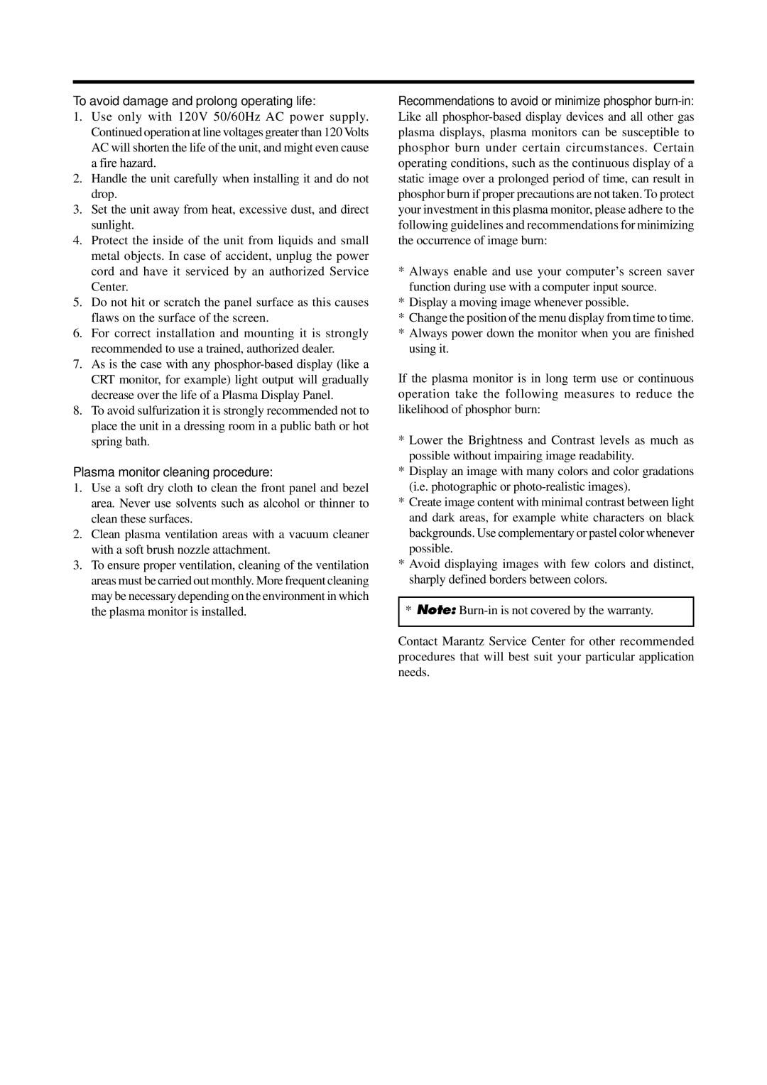 Marantz PD4220V manual To avoid damage and prolong operating life, Plasma monitor cleaning procedure 