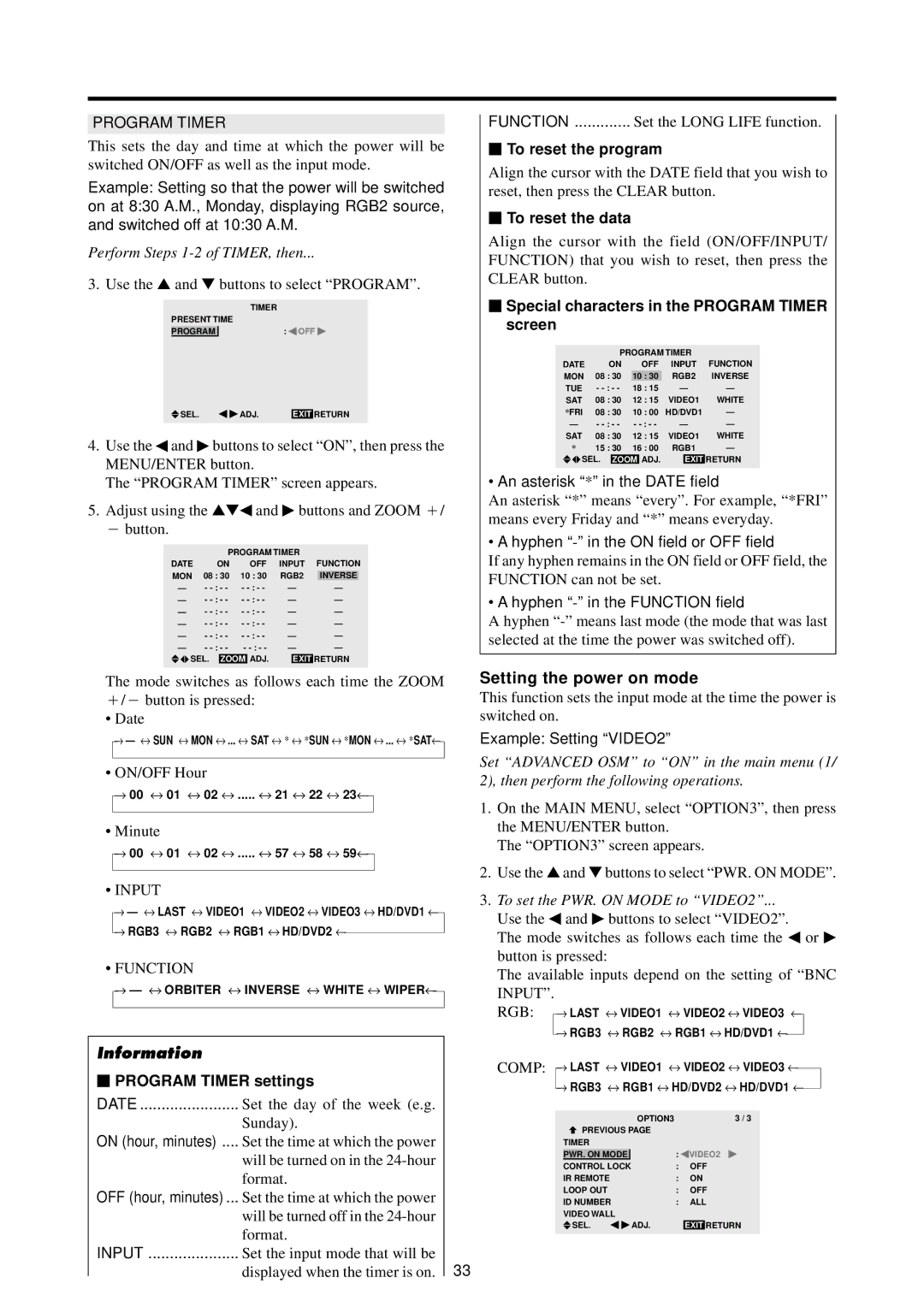 Marantz PD4220V manual Setting the power on mode, To reset the program, To reset the data, Program Timer settings 