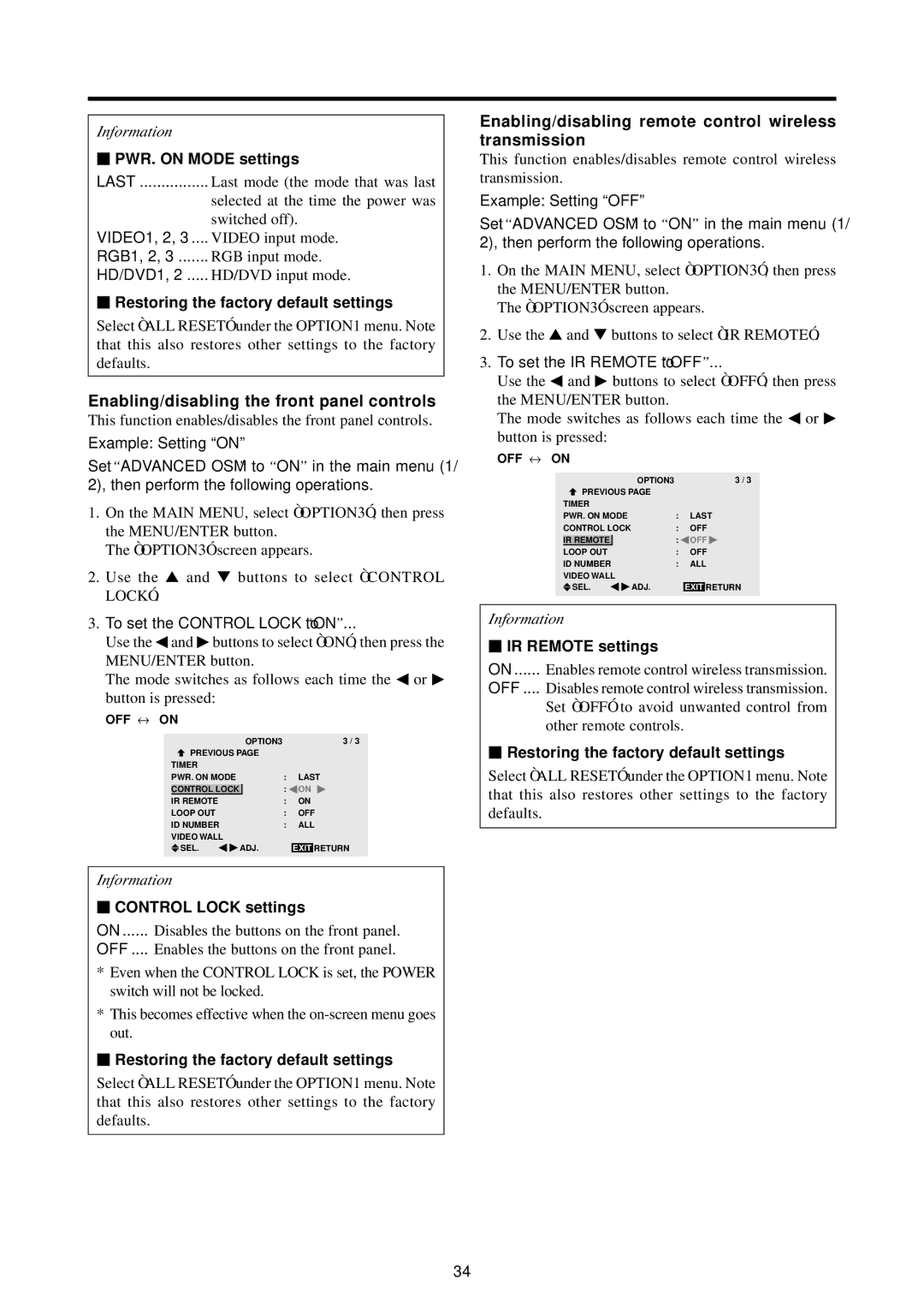 Marantz PD4220V manual Enabling/disabling the front panel controls, Enabling/disabling remote control wireless transmission 