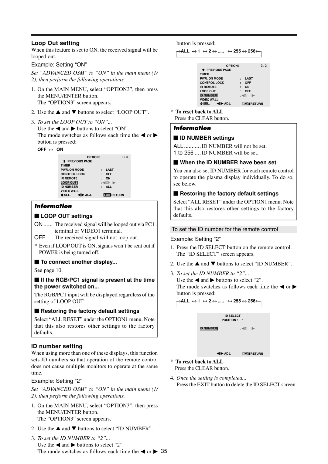 Marantz PD4220V manual Loop Out setting, ID number setting 