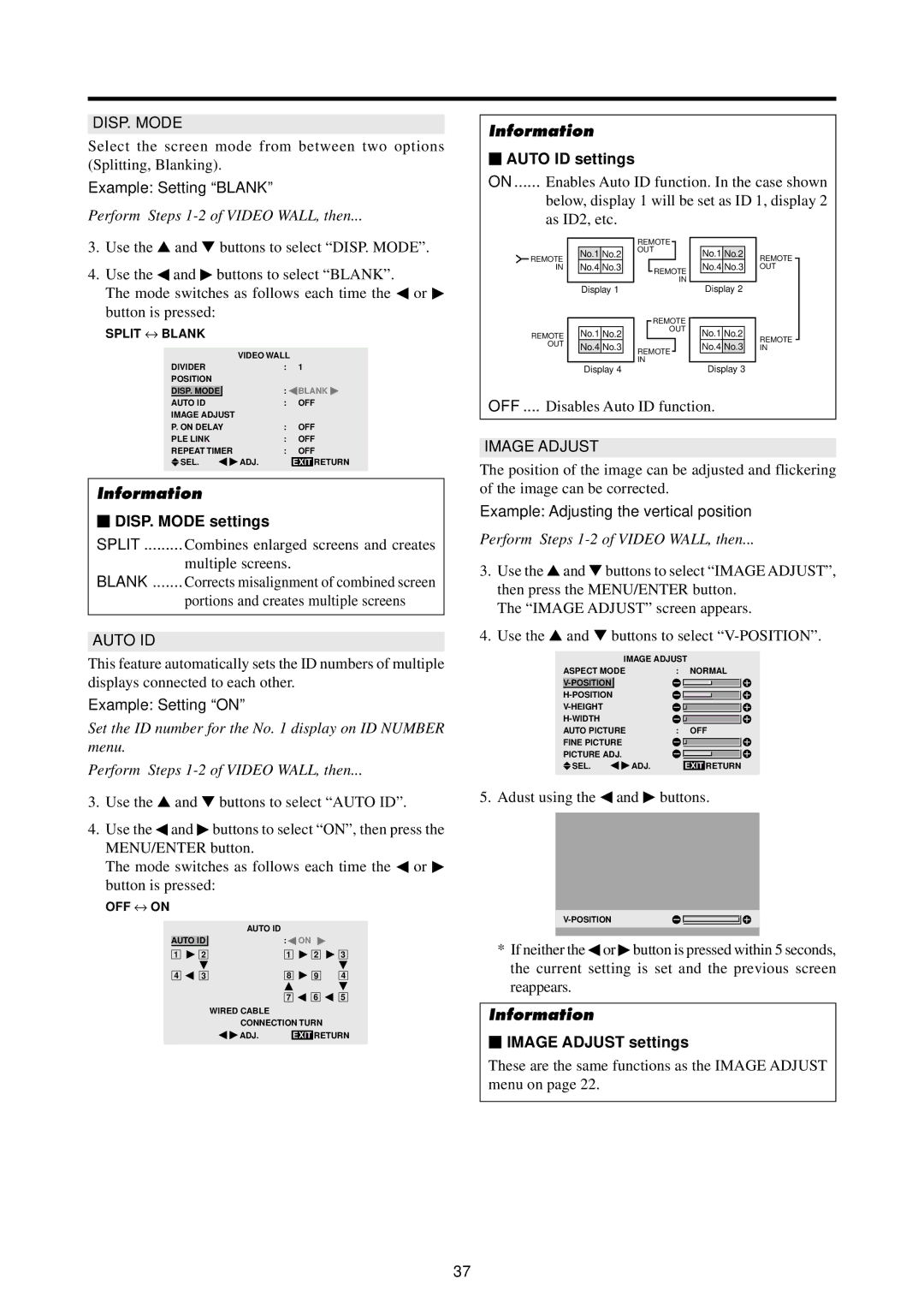 Marantz PD4220V manual Auto ID settings, DISP. Mode settings, Image Adjust settings 