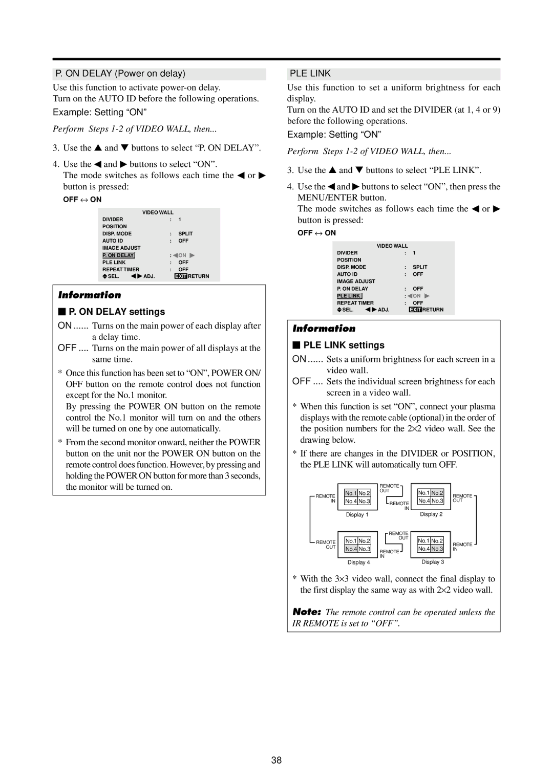 Marantz PD4220V manual On Delay Power on delay, On Delay settings, PLE Link settings 