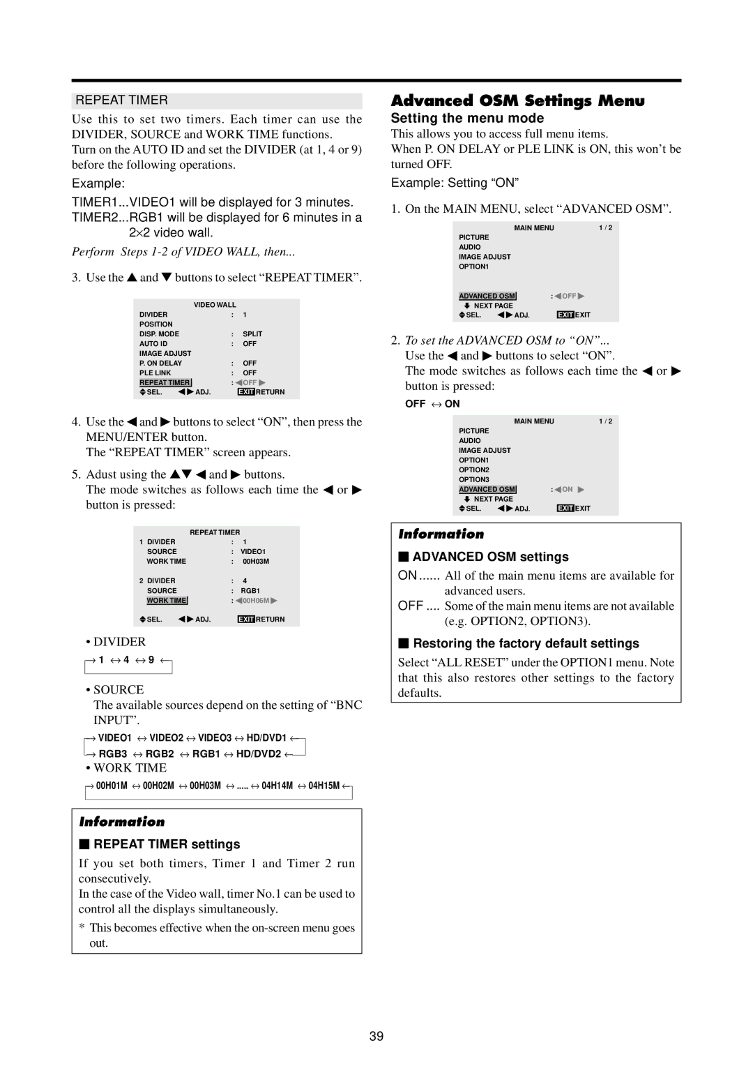 Marantz PD4220V manual Advanced OSM Settings Menu, Setting the menu mode, Repeat Timer settings, Advanced OSM settings 