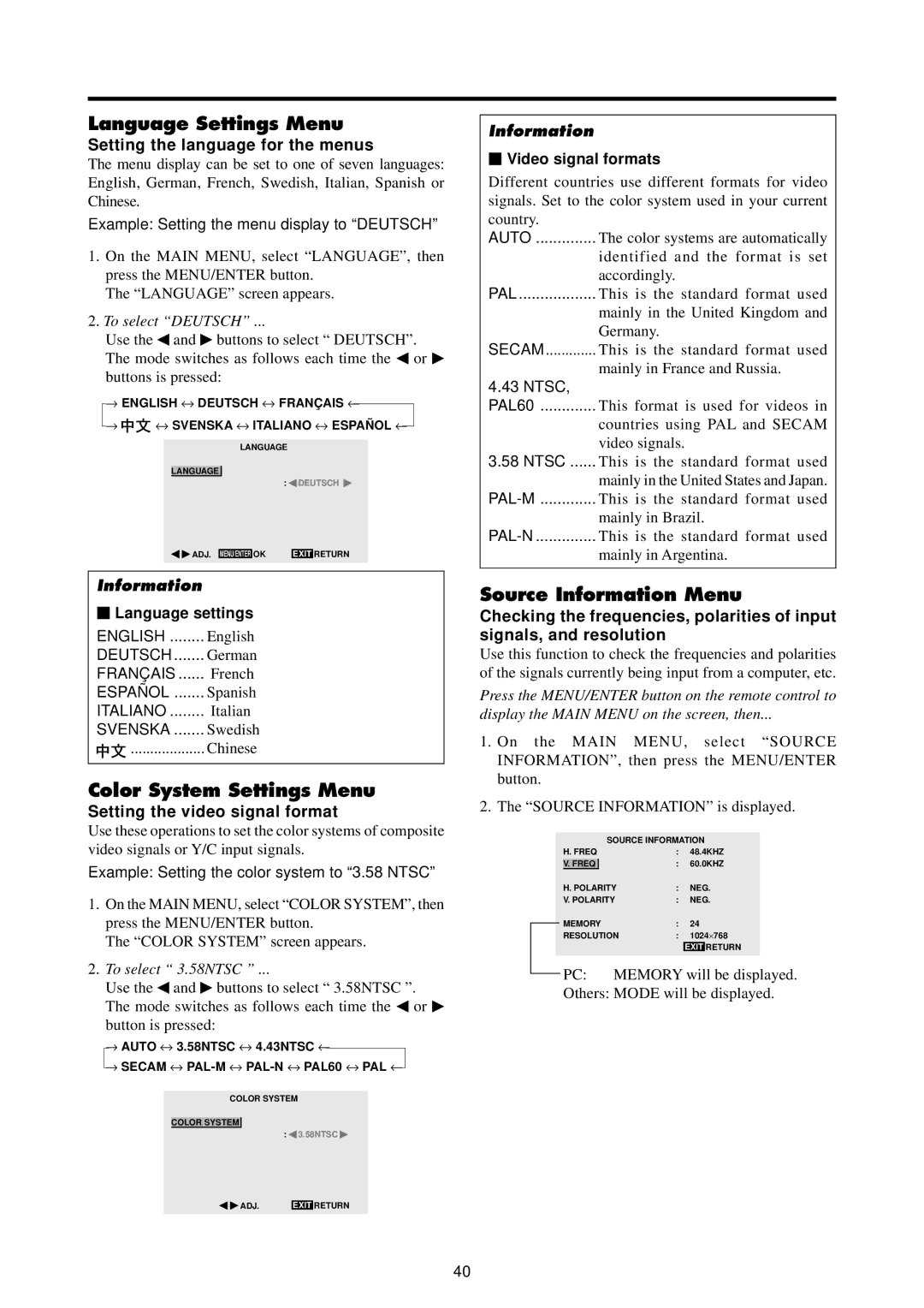 Marantz PD4220V manual Language Settings Menu, Color System Settings Menu, Source Information Menu 