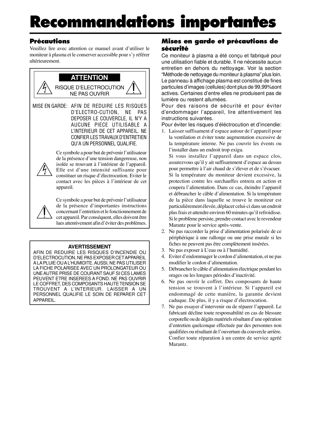 Marantz PD4220V manual Recommandations importantes, Précautions, Mises en garde et précautions de sécurité 