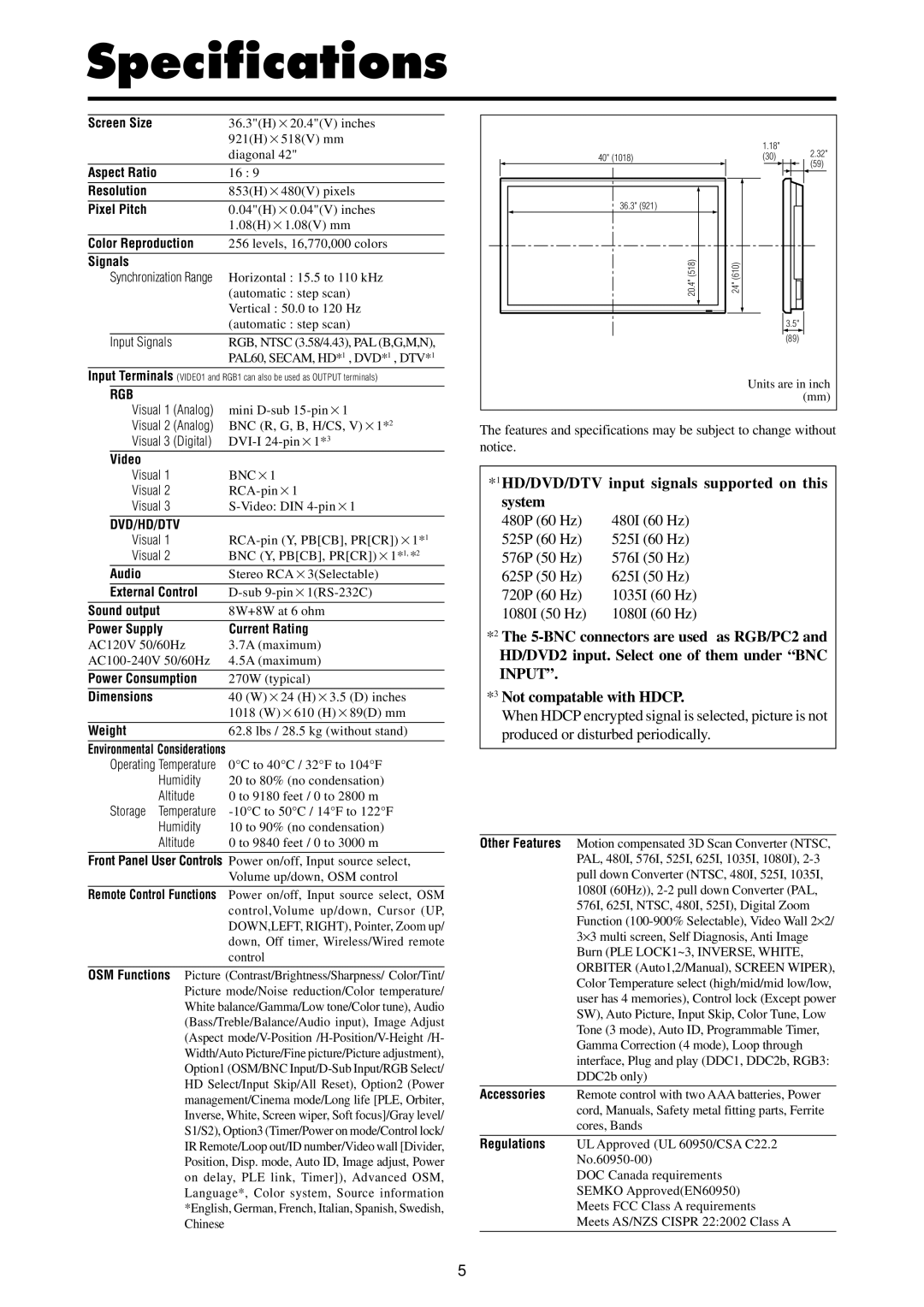 Marantz PD4220V manual Specifications, Rgb, Dvd/Hd/Dtv 