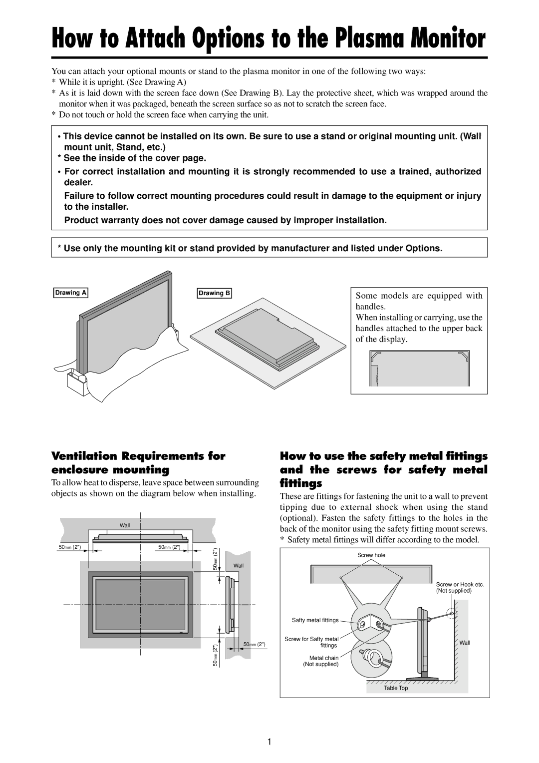 Marantz PD4220V manual How to Attach Options to the Plasma Monitor, Ventilation Requirements for enclosure mounting 