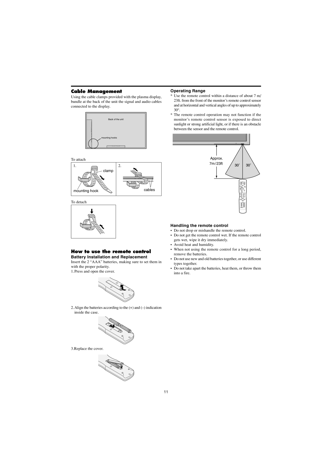 Marantz PD4230V Cable Management, How to use the remote control, Operating Range, Battery Installation and Replacement 