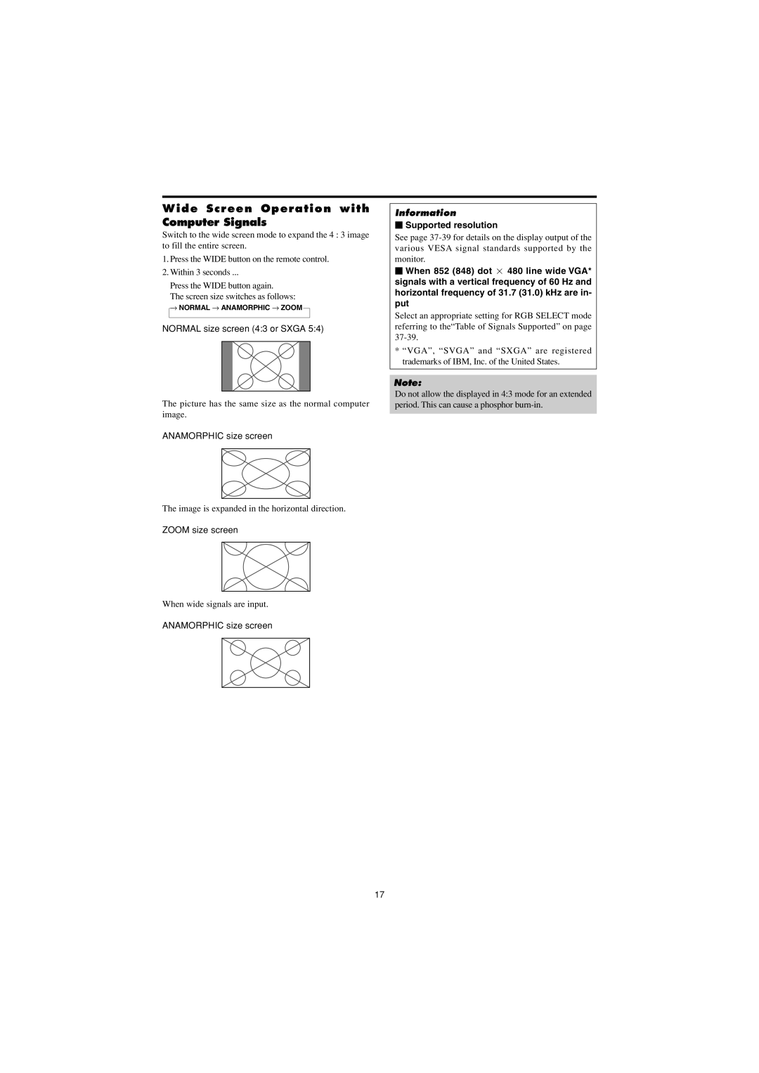 Marantz PD4230V Wide Screen Operation with Computer Signals, Normal size screen 43 or Sxga, When wide signals are input 