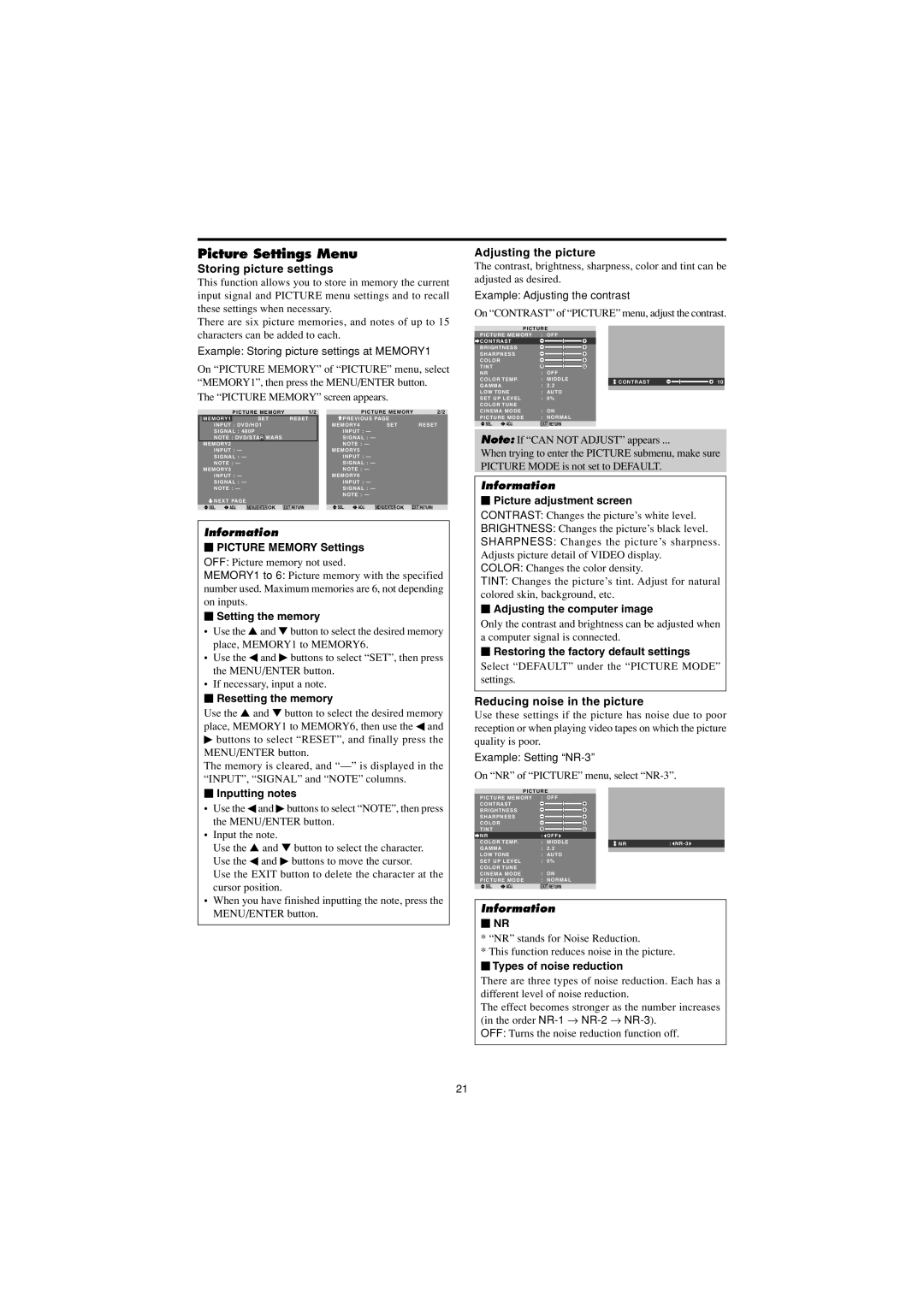 Marantz PD4230V Picture Settings Menu, Storing picture settings, Adjusting the picture, Reducing noise in the picture 