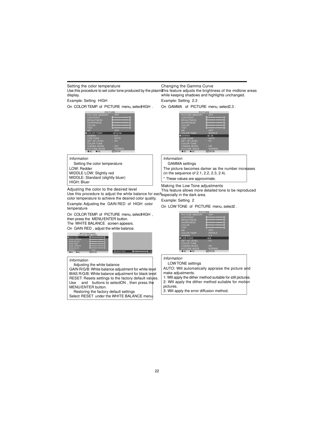 Marantz PD4230V manual Setting the color temperature, Adjusting the color to the desired level, Changing the Gamma Curve 