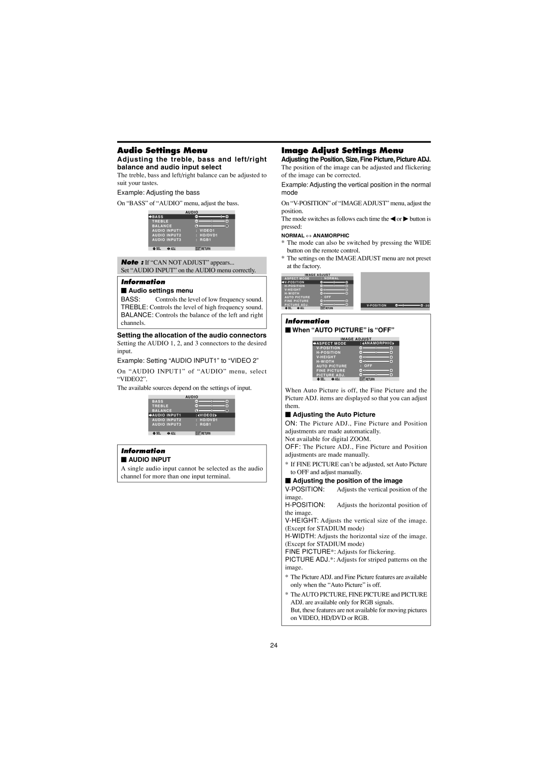 Marantz PD4230V manual Audio Settings Menu, Image Adjust Settings Menu, Setting the allocation of the audio connectors 