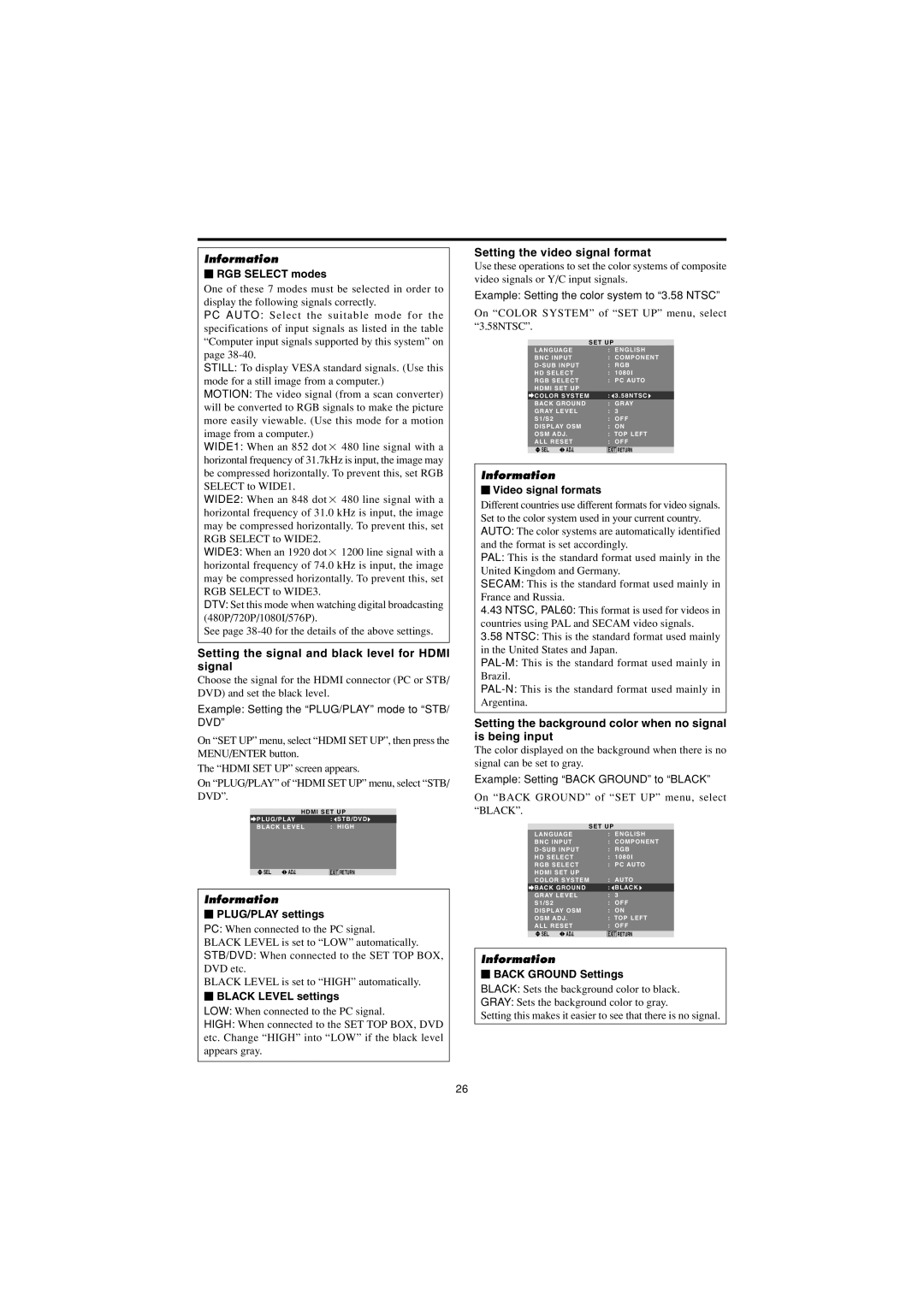 Marantz PD4230V manual Setting the signal and black level for Hdmi signal, Setting the video signal format 