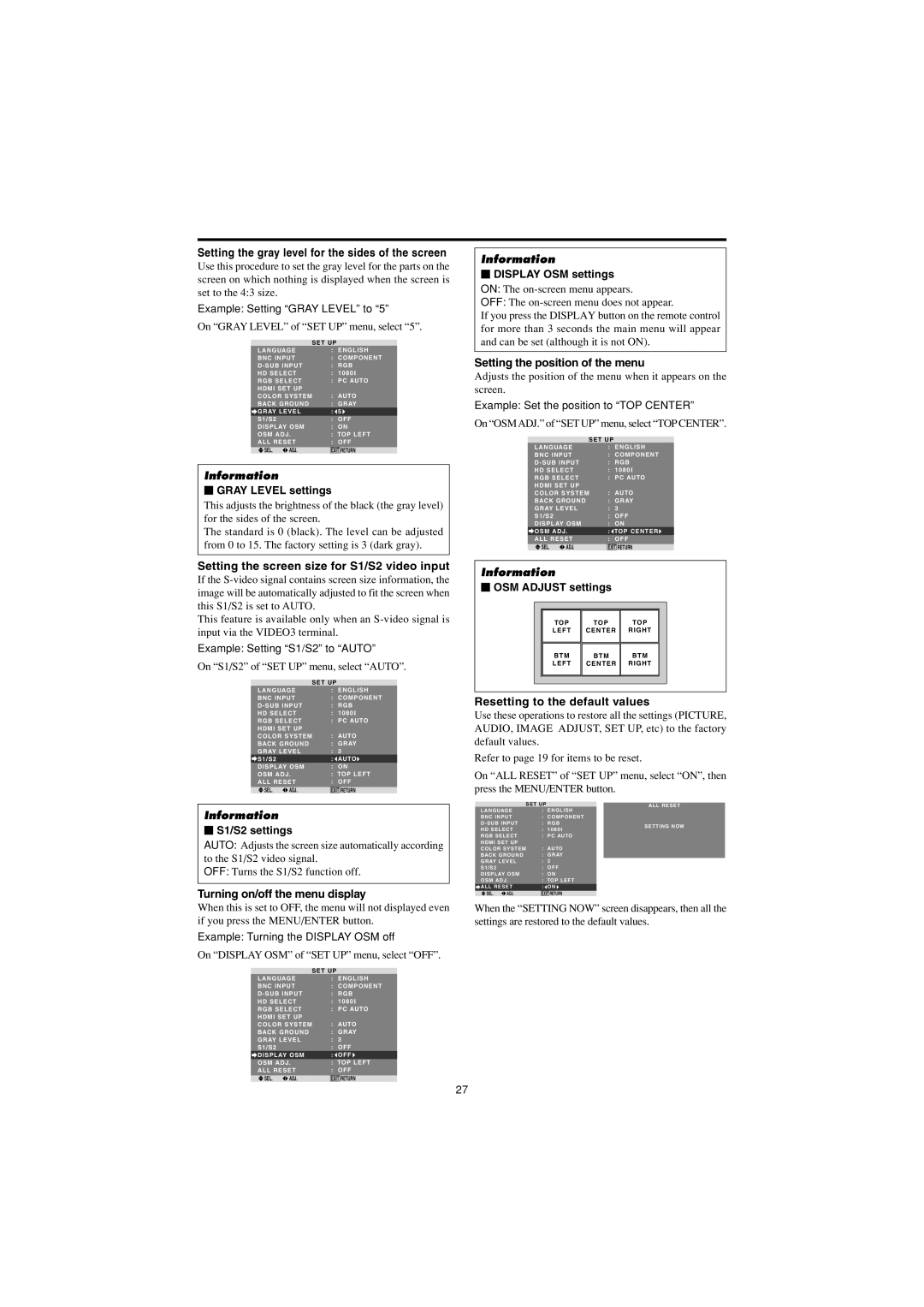 Marantz PD4230V manual Setting the screen size for S1/S2 video input, Turning on/off the menu display 