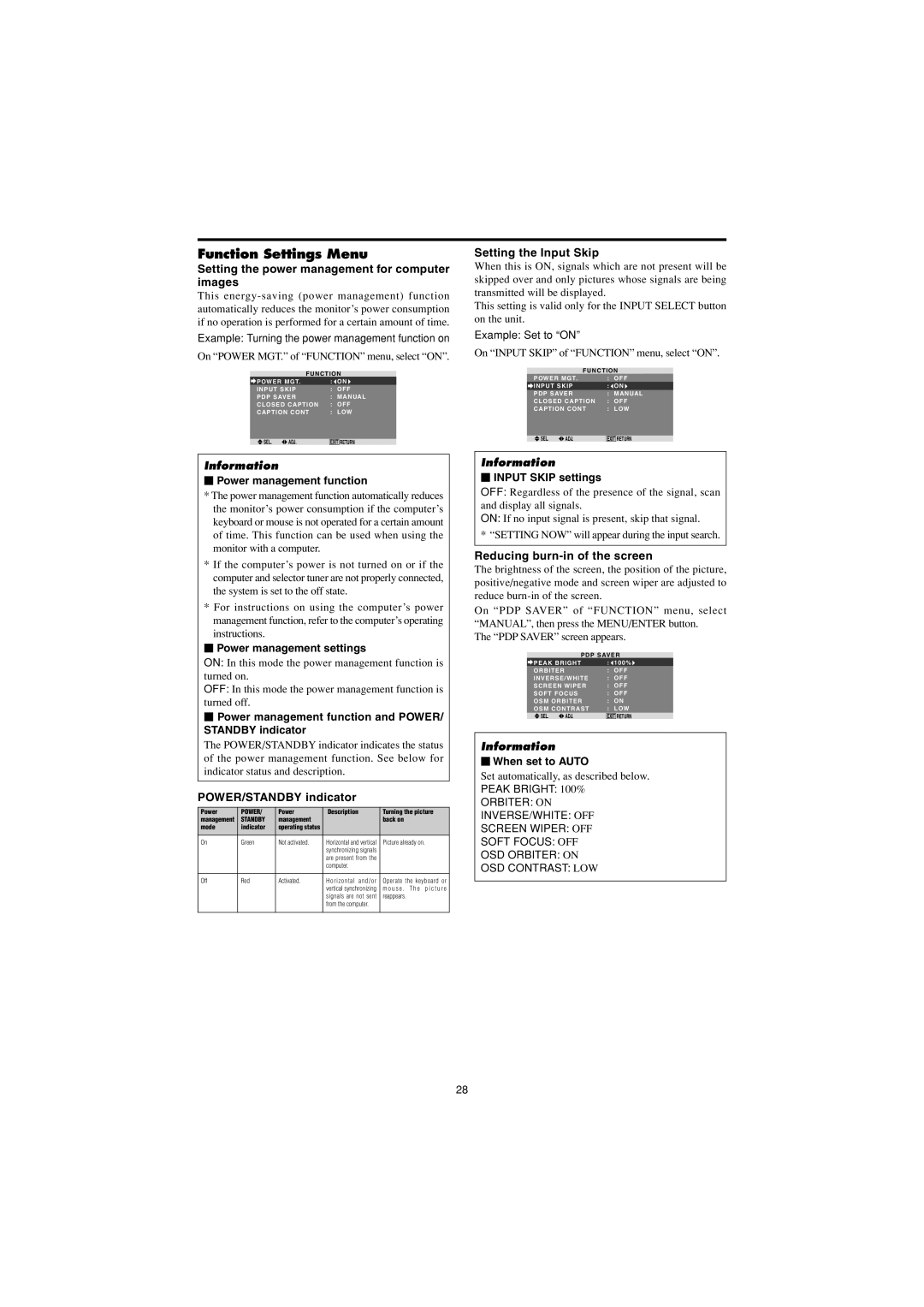 Marantz PD4230V manual Function Settings Menu, Setting the power management for computer images, POWER/STANDBY indicator 