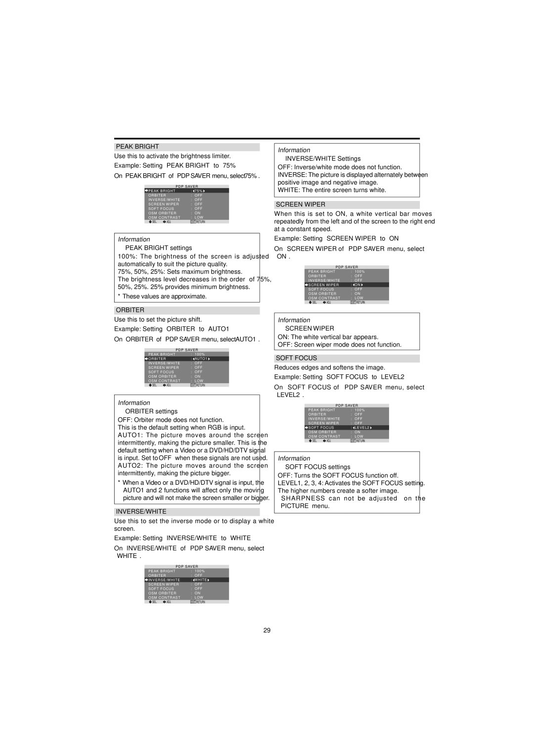 Marantz PD4230V manual Peak Bright settings, Orbiter settings, INVERSE/WHITE Settings, Soft Focus settings 