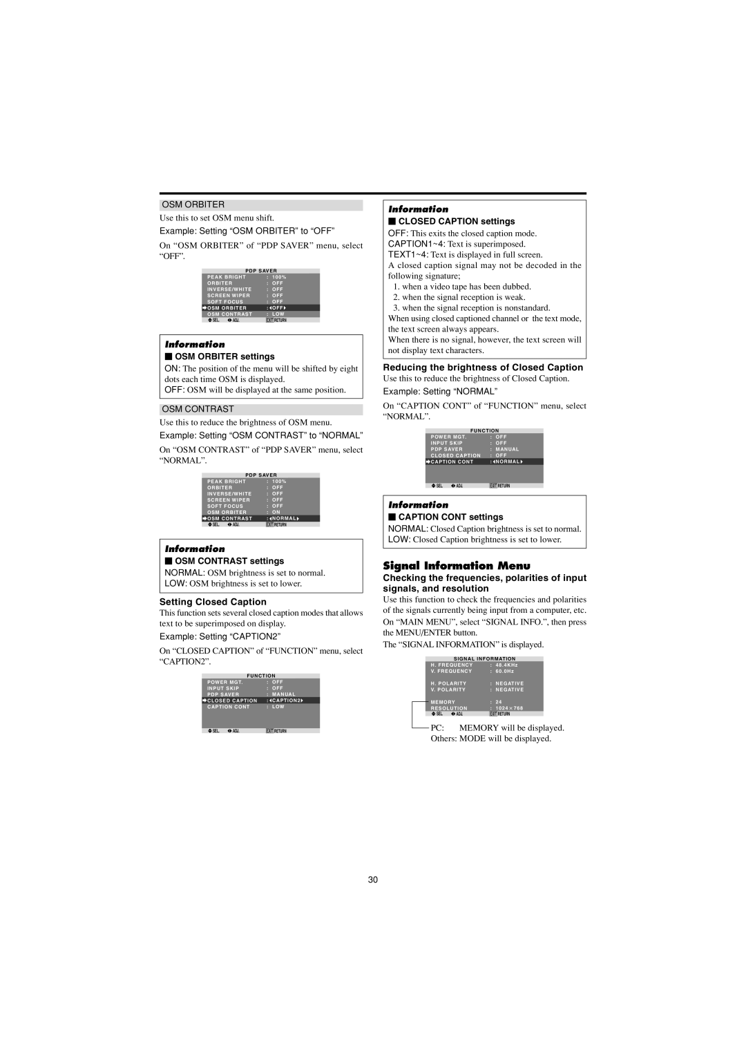 Marantz PD4230V manual Signal Information Menu, Setting Closed Caption, Reducing the brightness of Closed Caption 