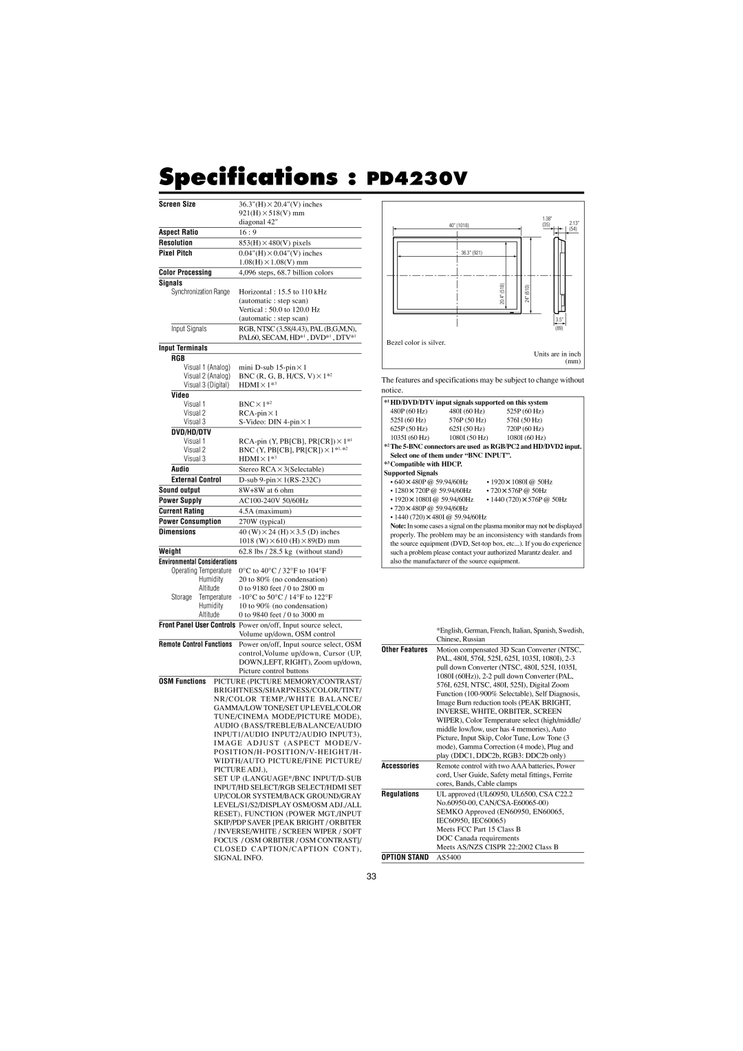 Marantz manual Specifications PD4230V, Signals 