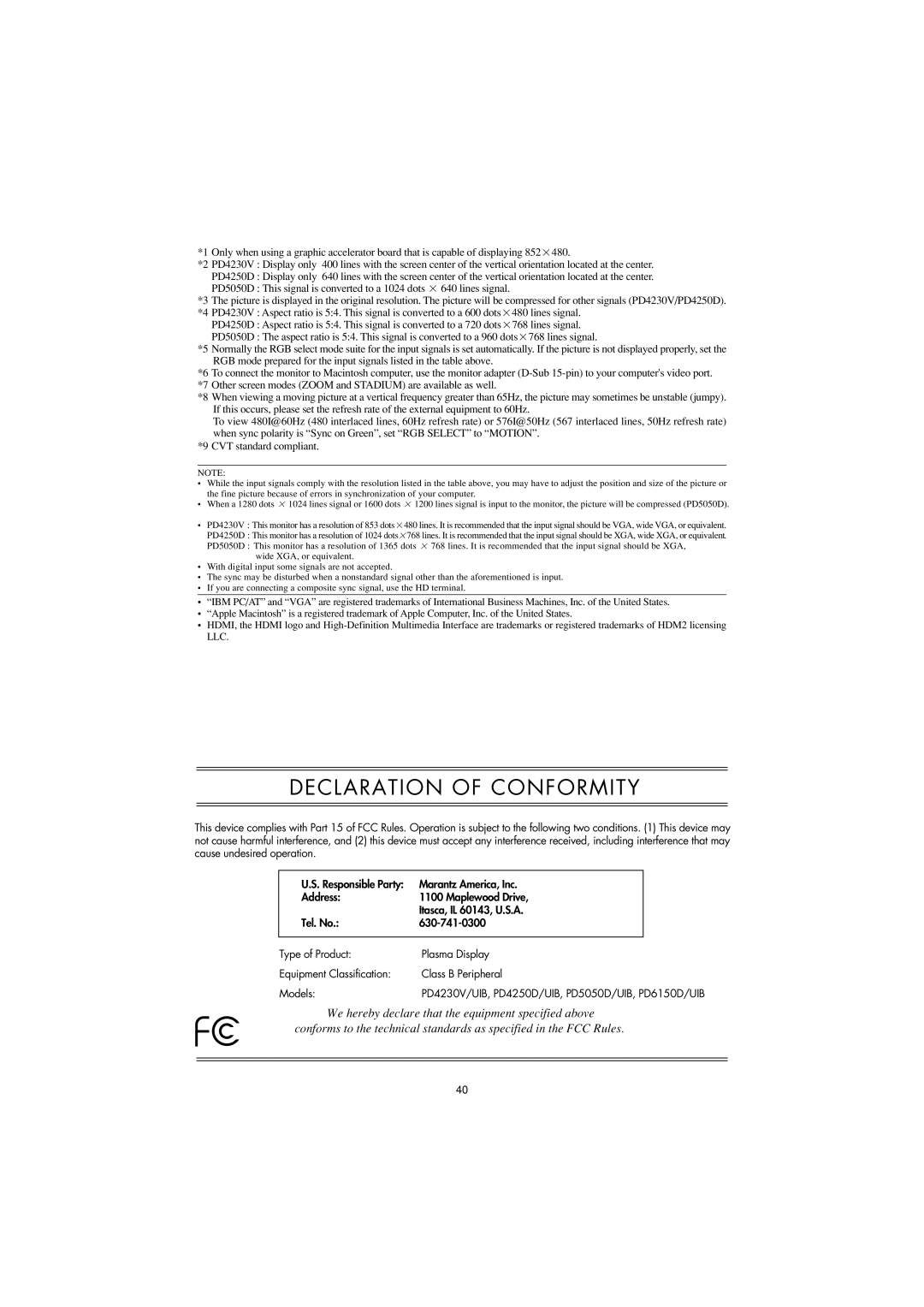 Marantz PD4230V manual Declaration of Conformity 