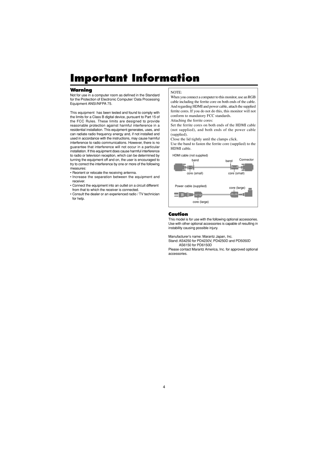 Marantz PD4230V manual Important Information 