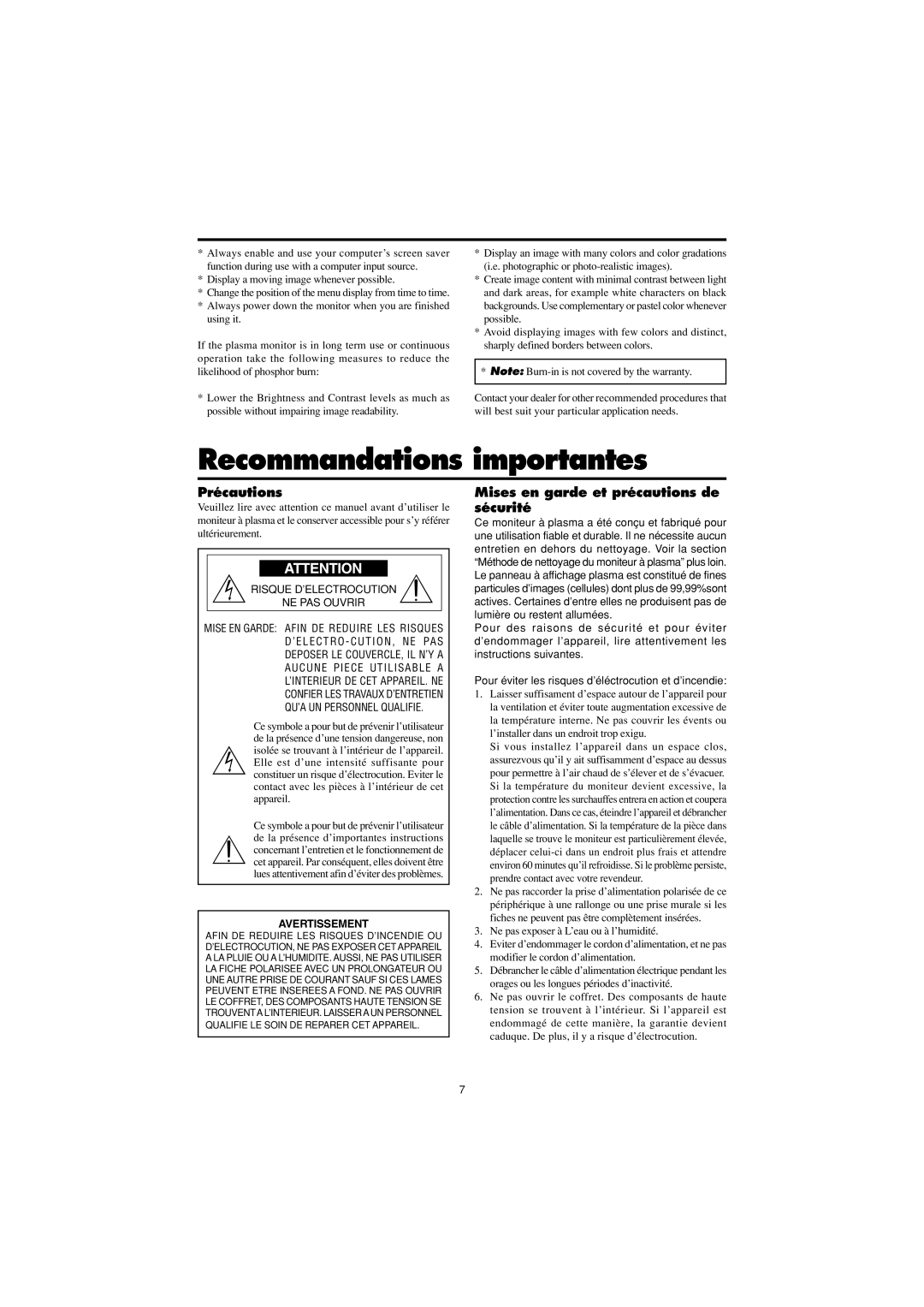 Marantz PD4230V manual Précautions, Mises en garde et précautions de sécurité 