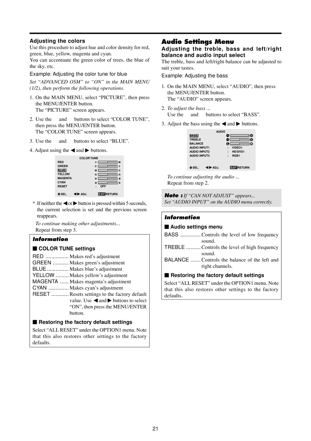 Marantz PD4240D manual Audio Settings Menu, Adjusting the colors,  Color Tune settings,  Audio settings menu 