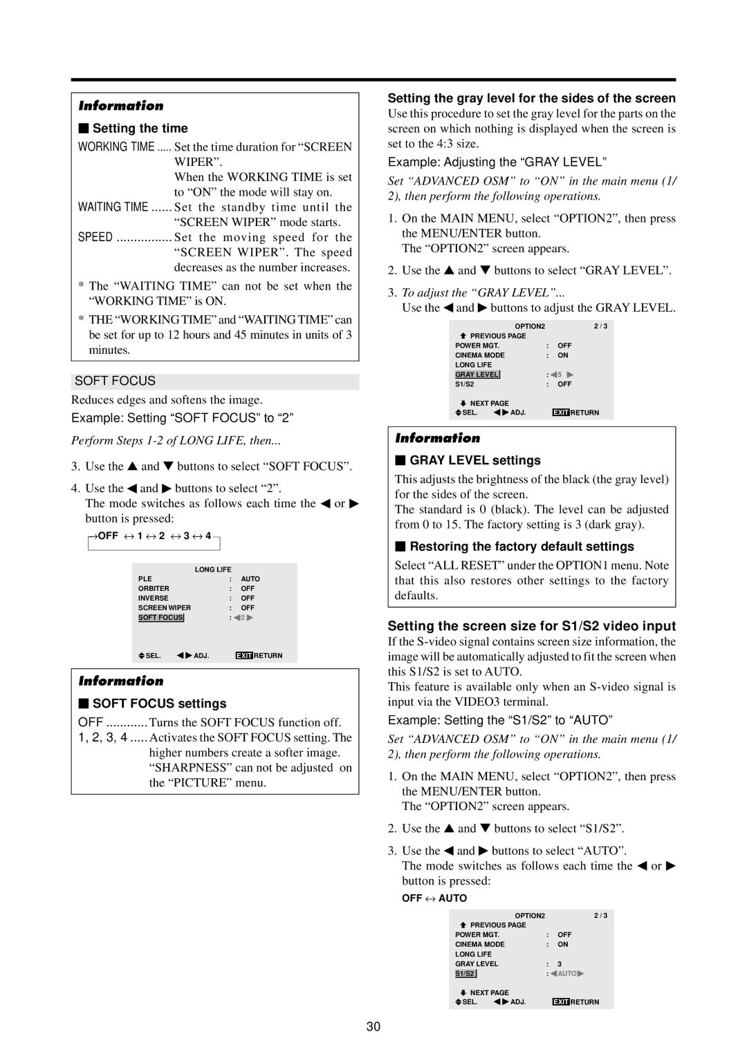 Marantz PD4240D manual Setting the screen size for S1/S2 video input, Soft Focus settings, Gray Level settings 