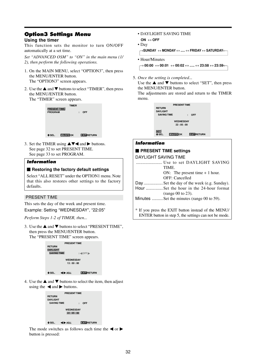 Marantz PD4240D manual Option3 Settings Menu, Using the timer, Present Time settings, Daylight Saving Time 