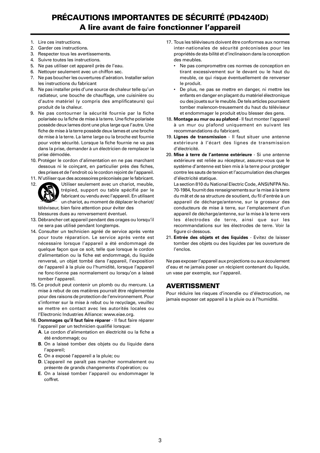 Marantz manual Précautions Importantes DE Sécurité PD4240D 